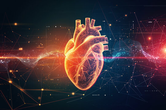 Human heart with cardio pulse line on dark background, Concept of healthcare and cardiology