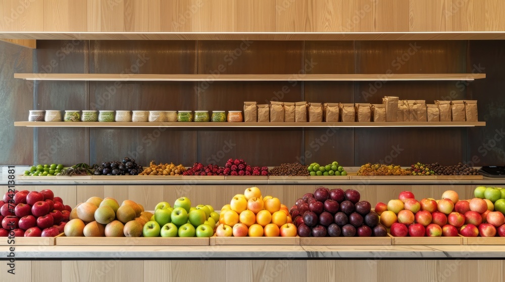 Poster a display in a store filled with lots of different types of fruits and veggies on wooden shelves nex