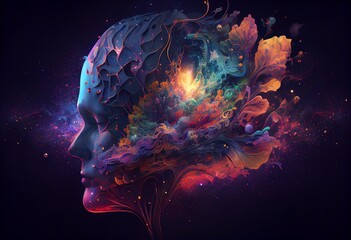 Fantasy Space Illustration: A Conceptual Art of a Brain Mask with Starry Fractals, Mystical Beauty, and Alien Imagination, in a colorful carnival of Consciousness and Dreams. Generative AI - obrazy, fototapety, plakaty