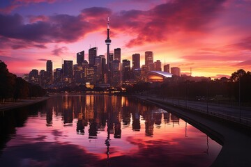 Fototapeta na wymiar Spectacular sunset over urban buildings., generative IA