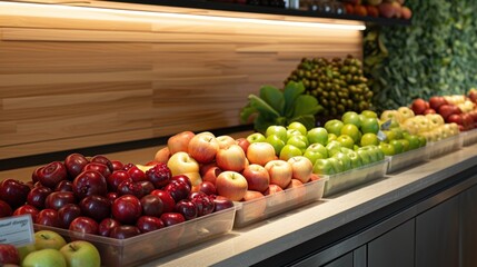  a display in a grocery store filled with lots of different types of fruits and vegetables in plastic bins on top of a counter with price tags on each side.