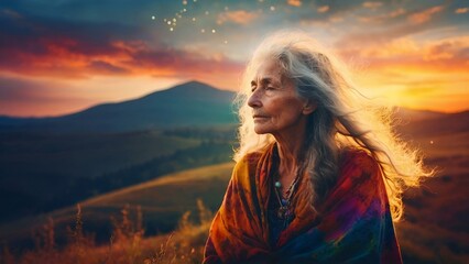 Meditative old woman with white hair in a field