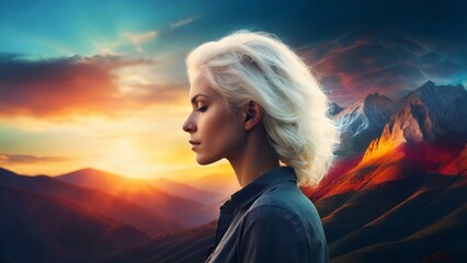 Artistic high contrast colorful white haired model in a beautiful mountain landscape at dawn