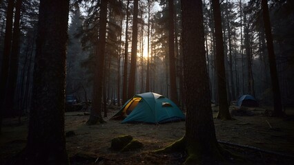 A blue tent in a campsite in the middle of the forest with sun light