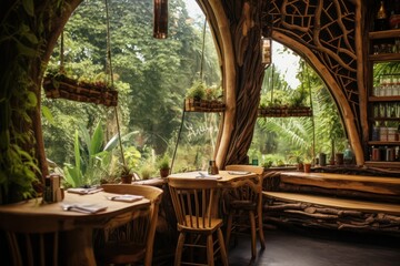 vegan restaurant eco interior in green highlands in jungle with big windows, bamboo wooden...
