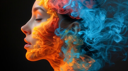 Color and orange smoke with a woman on black background, in the style of azure and amber,  vibrant colorism, photo-realistic techniques, hyper-detailed
