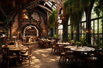 Fototapeta na wymiar vegan rustic restaurant eco interior in green highlands in jungle with big windows, bamboo wooden furniture. Trendy design.