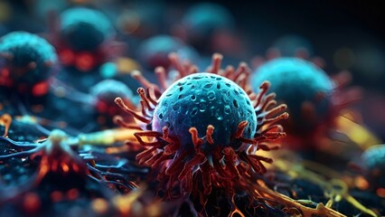 Colorful virus adhered to a cell, conceptual