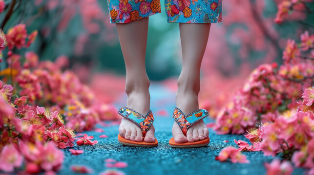 woman's feet in Japanese geta shoes, pink sakura flowers on the ground, spring, traditional shoes, national clothing, oriental style, Japan, sandals, flip-flops, girl, foot, legs