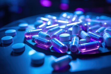 pills and capsules with blue purple neon light closeup in medical pharmaceutical laboratory. Science research. Looking for cure of cancer an autoimmune disease. Opioid painkiller crisis. - obrazy, fototapety, plakaty
