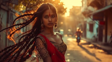 Cool Indian woman with flying braids on street Illustration Generative AI