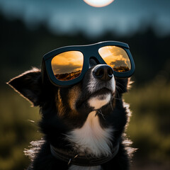 a dog looking at a total solar eclipse with protective glasses on. Reflection of the total solar eclipse in the glasses - obrazy, fototapety, plakaty