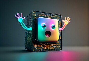 Happy, cute, colorful 3d computer processor technology, chip waving arms  with glowing eyes. Generative AI