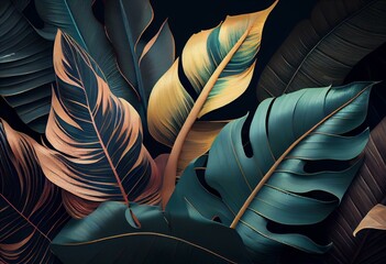 Tropical luxury exotic seamless pattern. Pastel colorful banana leaves, palm. Hand-drawn vintage 3D illustration. Dark glamorous background design. Good for wallpapers, tapestry,cloth,. Generative AI