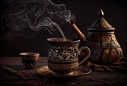 Hot Traditional Turkish Coffee Smoking. Generative AI