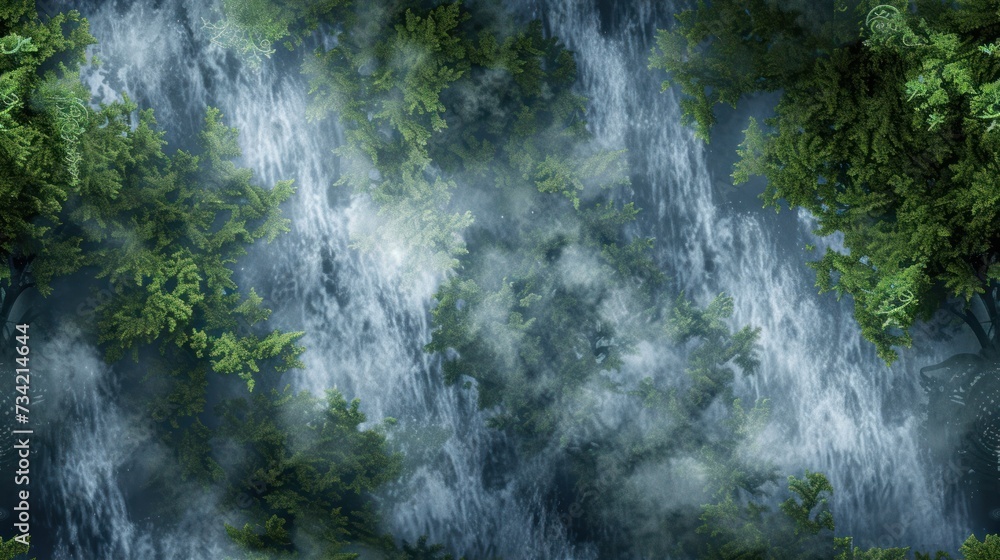 Poster a painting of a waterfall in the middle of a forest with trees in the foreground and clouds in the s