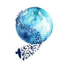 Blue planet with flying pigeons. Flock of flying birds. hand drawing. Not AI, Vector illustration