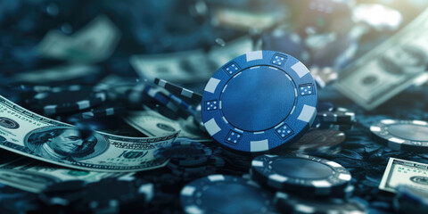Single blue poker chip amidst a sea of black chips and money in a dark, high-stakes setting.