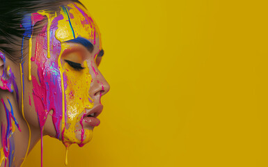 Close up of a woman with colorful paint dripping from her face, in the style of yellow and magenta against pastel yellow background. Copy space.