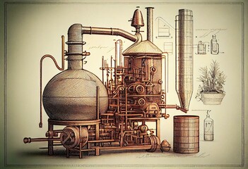 Distillation apparatus sketch. Alcohol ethanol production, distillery. Retro alcohol machine in vintage engraving style. Generative AI - obrazy, fototapety, plakaty
