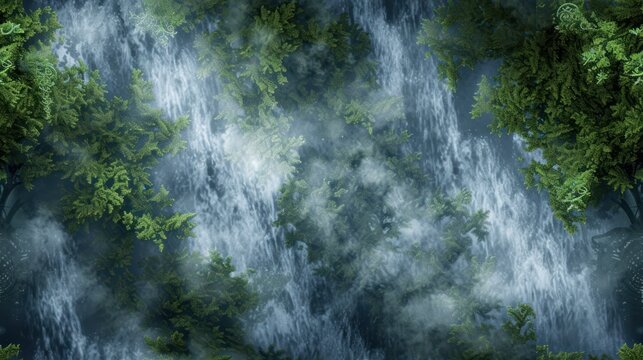  a painting of a waterfall in the middle of a forest with trees in the foreground and clouds in the sky in the middle of the middle of the background.