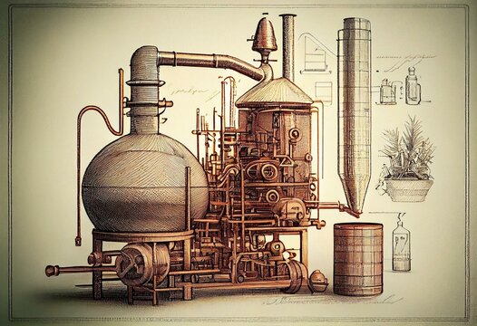Distillation apparatus sketch. Alcohol ethanol production, distillery. Retro alcohol machine in vintage engraving style. Generative AI