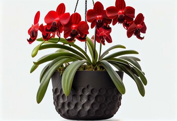 Red Orchid Vanda flower bloom and hanging in black plastic pot in the garden isolated on white background included clipping path. Generative AI
