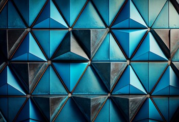 Fototapeta na wymiar Glazed Tiles arranged to create a Textured wall. 3D, Triangular Background formed from Blue Patina blocks. 3D Render. Generative AI