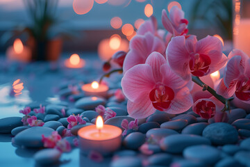 Spa concept with zen basalt stones, candles and orchids - obrazy, fototapety, plakaty