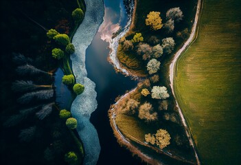 A river forks in two, aerial view of beautiful countryside. Generative AI