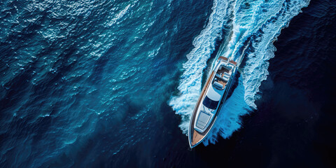 Aerial shot of a luxury yacht cutting through deep blue waters, leaving a frothy wake behind.