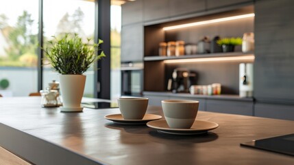 Fototapeta na wymiar Modern Kitchen Background with Coffee Set Generative AI