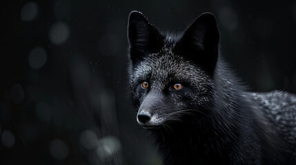 Portrait of a black fox on a black isolated background