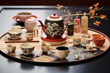 Exquisite Tea party set oriental. Ornament night. Generate Ai