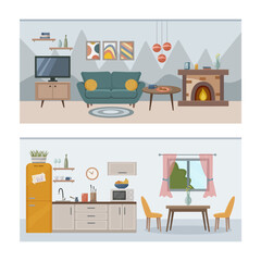 Apartment inside. Set with interior, kitchen and living room. Furnished rooms. Flat vector illustration of rooms with furniture.