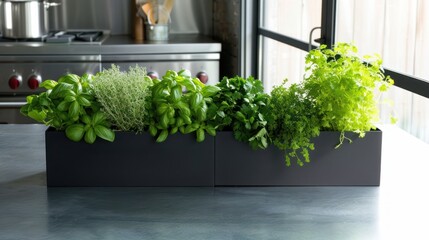  a group of plants sitting on top of a counter next to a potted plant on top of a counter top next to a potted planter on top of a counter.