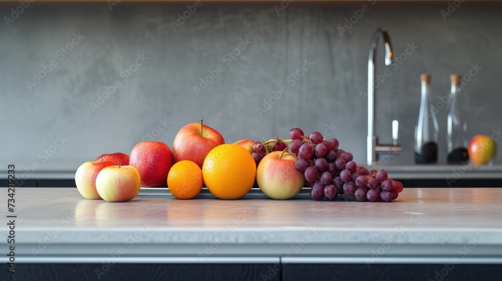 Poster a pile of fruit sitting on top of a counter top next to a metal faucet with a faucet next to it and 