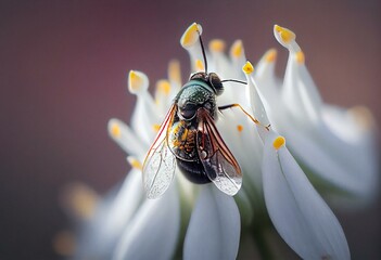Picture taken with selective focus of a multicolored fly on a white snowdrop blossom. Generative AI