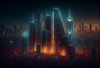 Futuristic urban city skyline. Inflation growth, business, big data technology concept. Financial growth, profit charts. Aerial motion graphic visual effects animation. Cryptocurrency. Generative AI