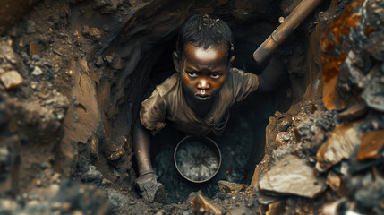 A child working illegally in a mine in difficult conditions. Illegal forced child labor. The concept of illegal human trafficking