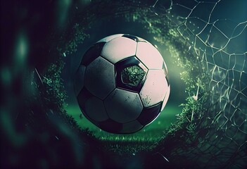 soccer ball in goal with green background, generative ai