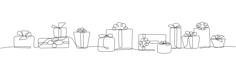 One line outline of gift boxes in vector isolated set