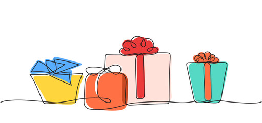 Colorful vector set of boxes with ribbons for gifts in one line