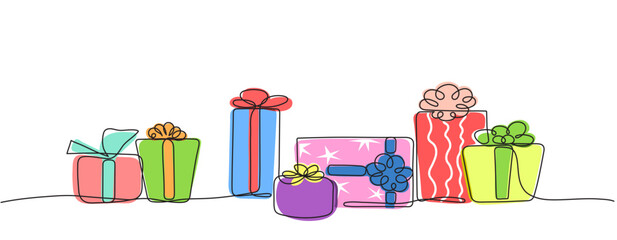 Isolated color vector clipart of gift boxes in one line
