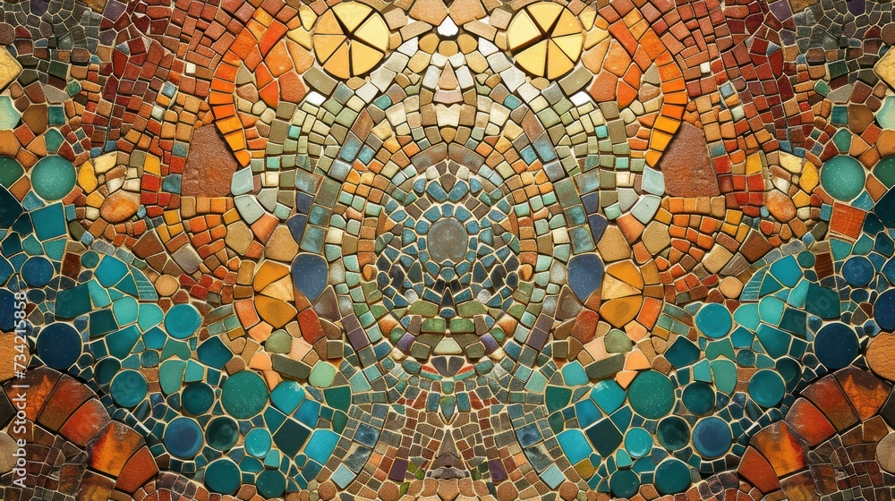 Poster a close up of a wall made up of many different colors and shapes of glass and stone with a circular 