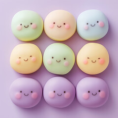 Mochi of different flavors with cute faces. Light purple color background. Top view.