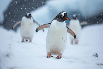 Snowy Strut: Penguins Strolling Against a White Backdrop