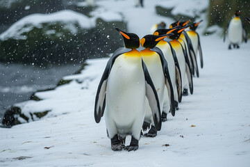 Fluffy Frost: Penguins Wander Through the Snow