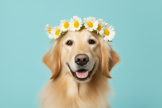 Joyful golden retriever dog with white daisies on his head on a bright pastel blue background