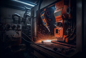 modern welding machines and robots work in workshop of automotive industry. Generative AI